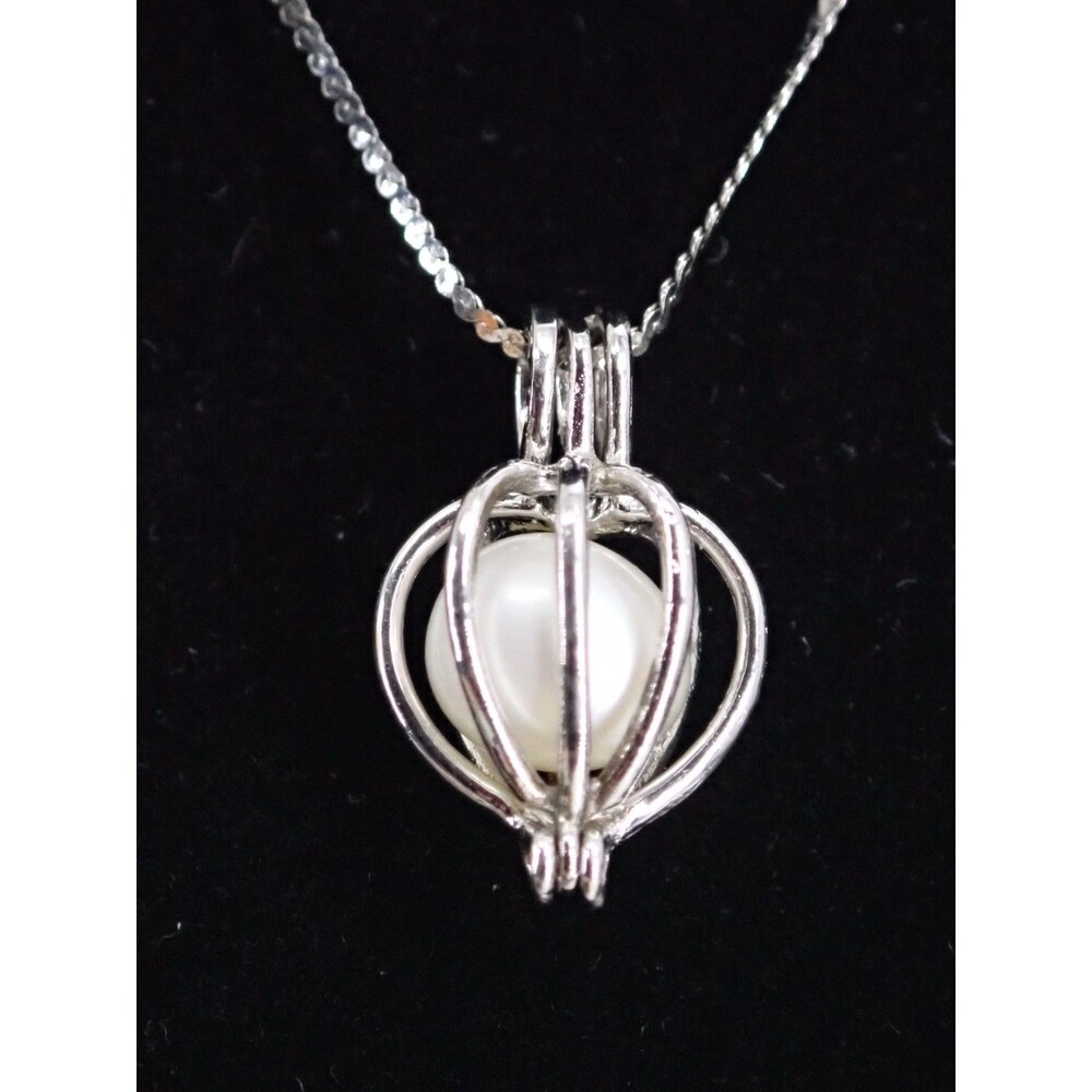 Sterling Silver Caged Authentic Pearl Pendant Necklace MJI Chain Made in Italy